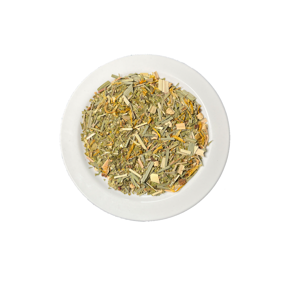 Losse Citrus yerba mate met citrusschillen en groene bladeren – bovenaanzicht