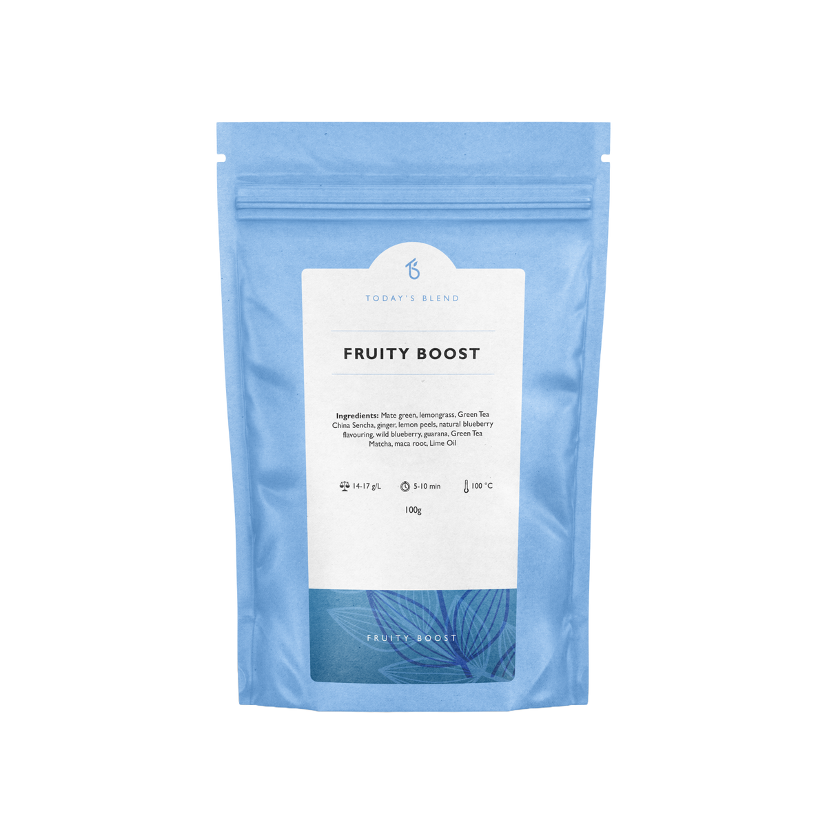 Ingrediënten en details op de achterkant van Fruityboost yerba mate verpakking