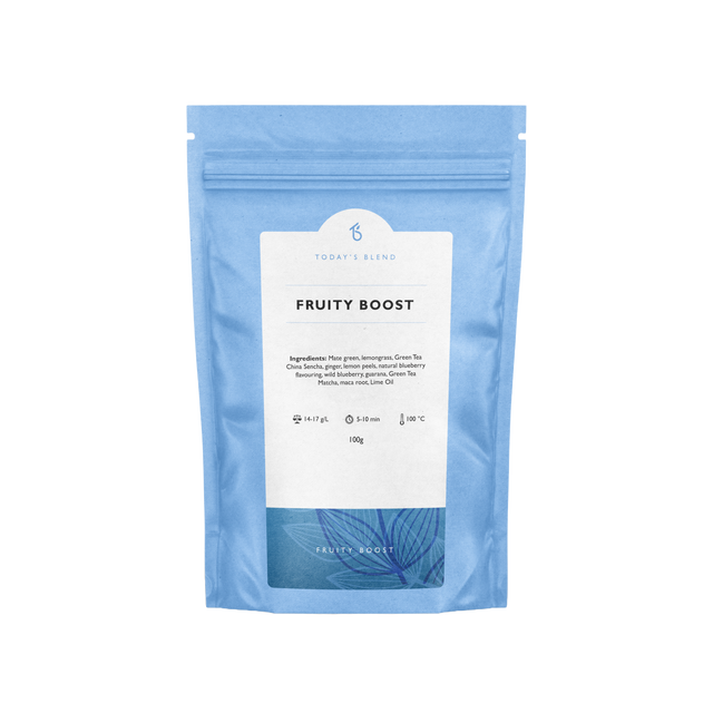 Ingrediënten en details op de achterkant van Fruityboost yerba mate verpakking