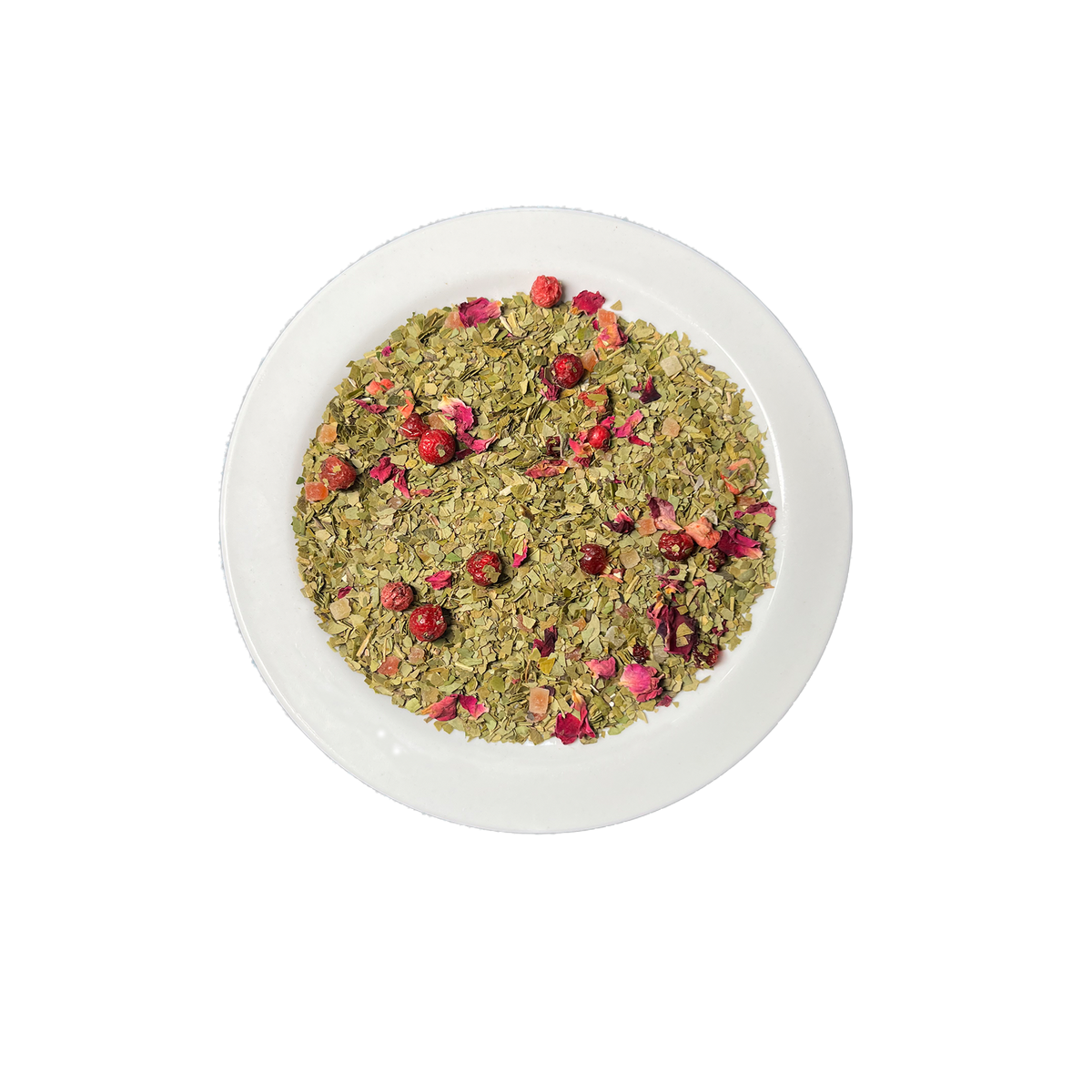 Yerba mate Granaatappel & Papaya – losse kleurrijke blend op bordje
