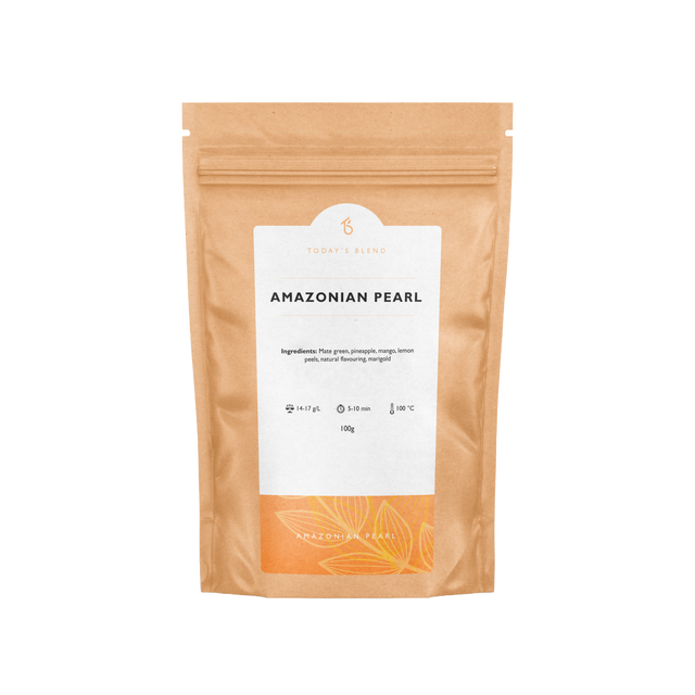 Achterzijde van de Amazonian Pearl yerba mate verpakking met ingrediënten